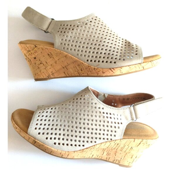 Rockport Sandals Womens Silver Gray Briah Suede Perforated Sling Back Wedge - 8M - Picture 1 of 9